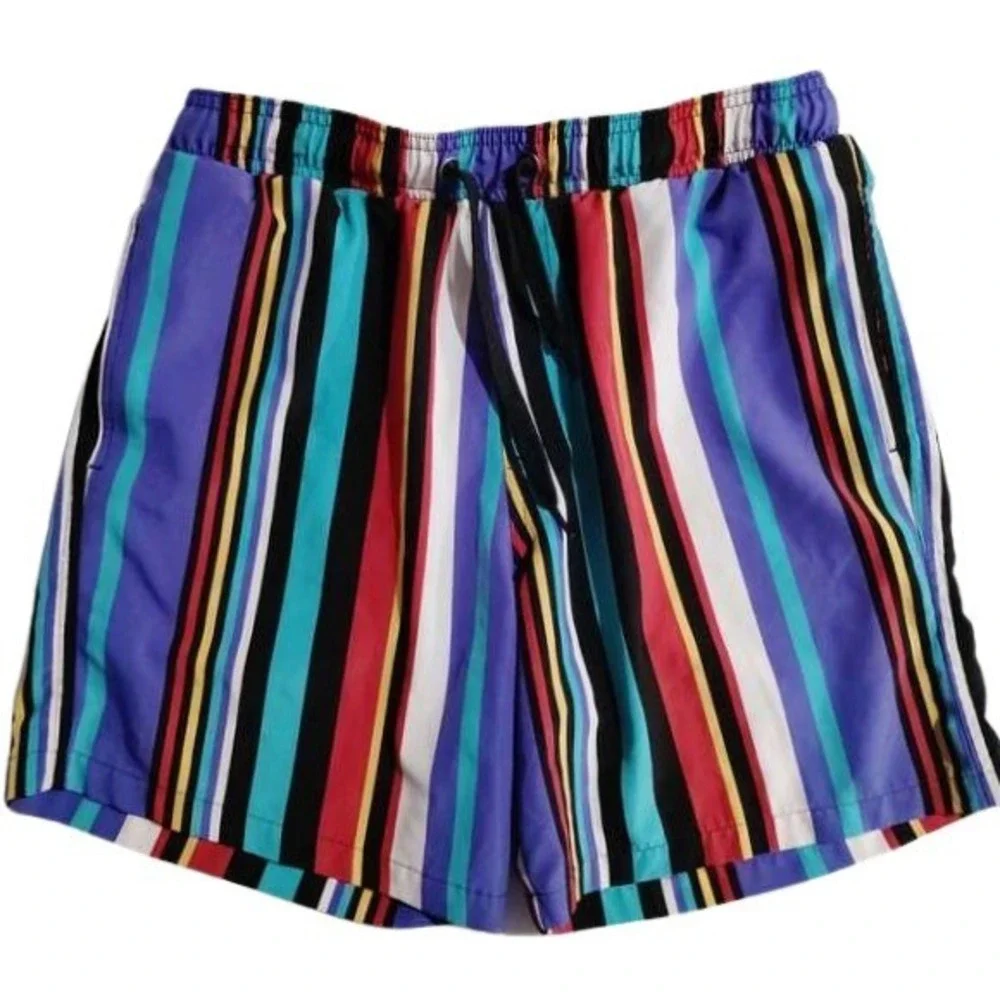 Surf Society Swimwear‎ Men's Medium Striped Elastic Waist Drawstring Swim Trunks